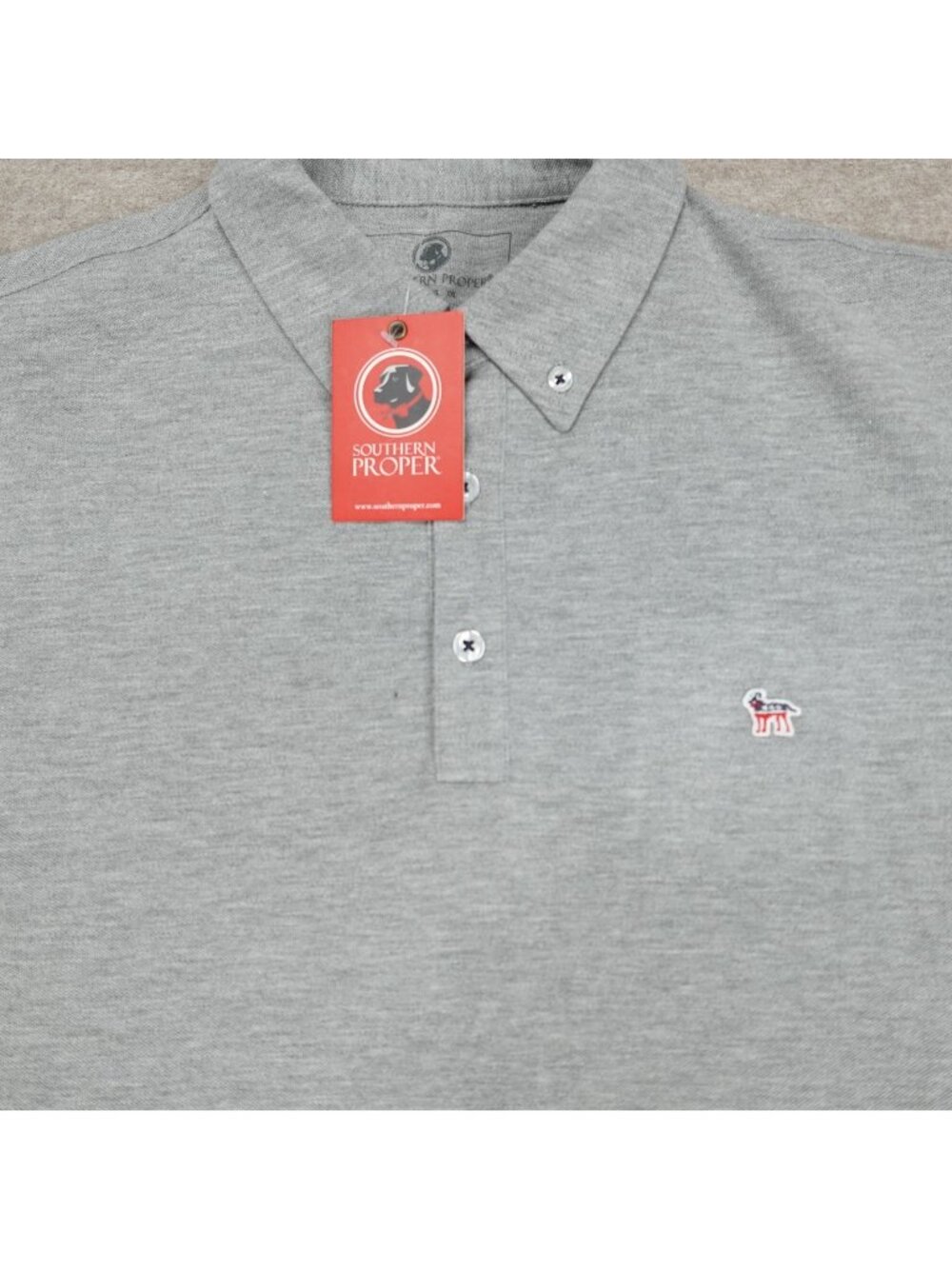 Southern Proper Mens Polo Shirt Medium Gray Solid Embroidered Patriotic Dog NEW